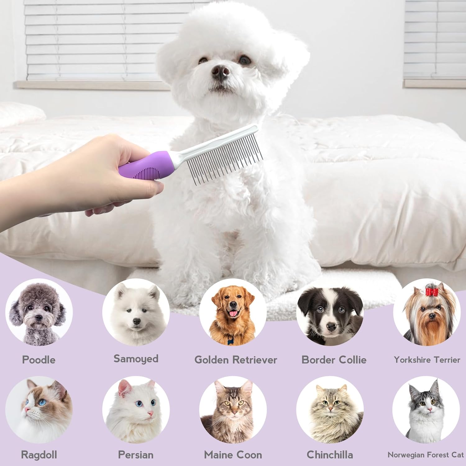 KFX-2662461 Detangling Grooming Comb for Cats and Dogs with Stainless Steel Teeth for Safe Knot Removal and Shiny Coat