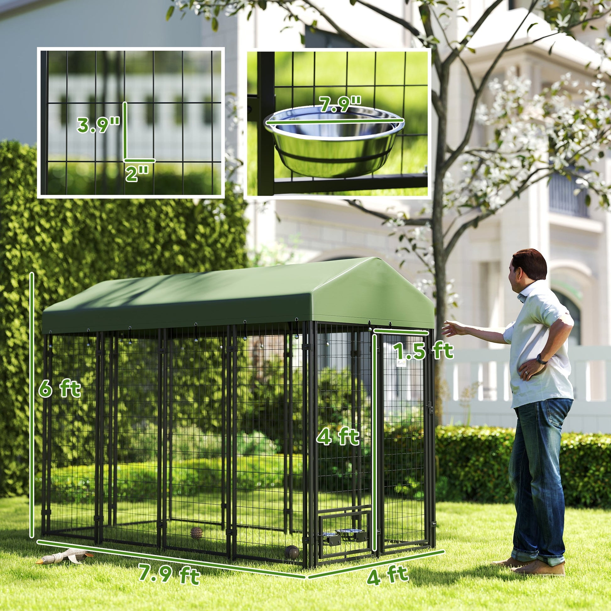 KFX-2674365 Spacious Outdoor Dog Kennel with Rotating Bowl Holders and Waterproof Cover, 8' x 4' x 6', Green