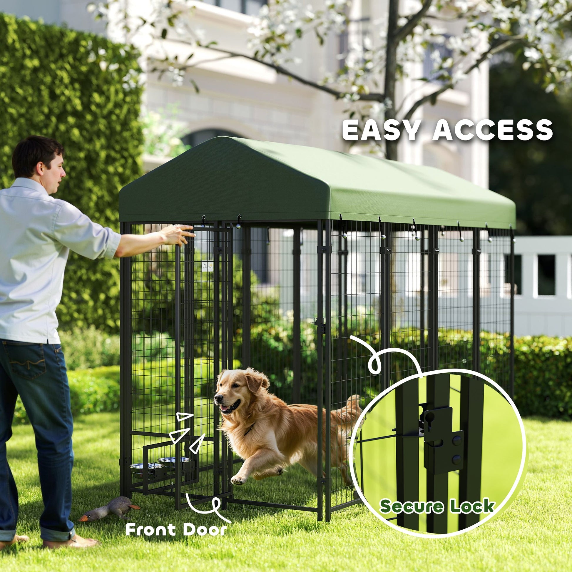 KFX-2674365 Spacious Outdoor Dog Kennel with Rotating Bowl Holders and Waterproof Cover, 8' x 4' x 6', Green
