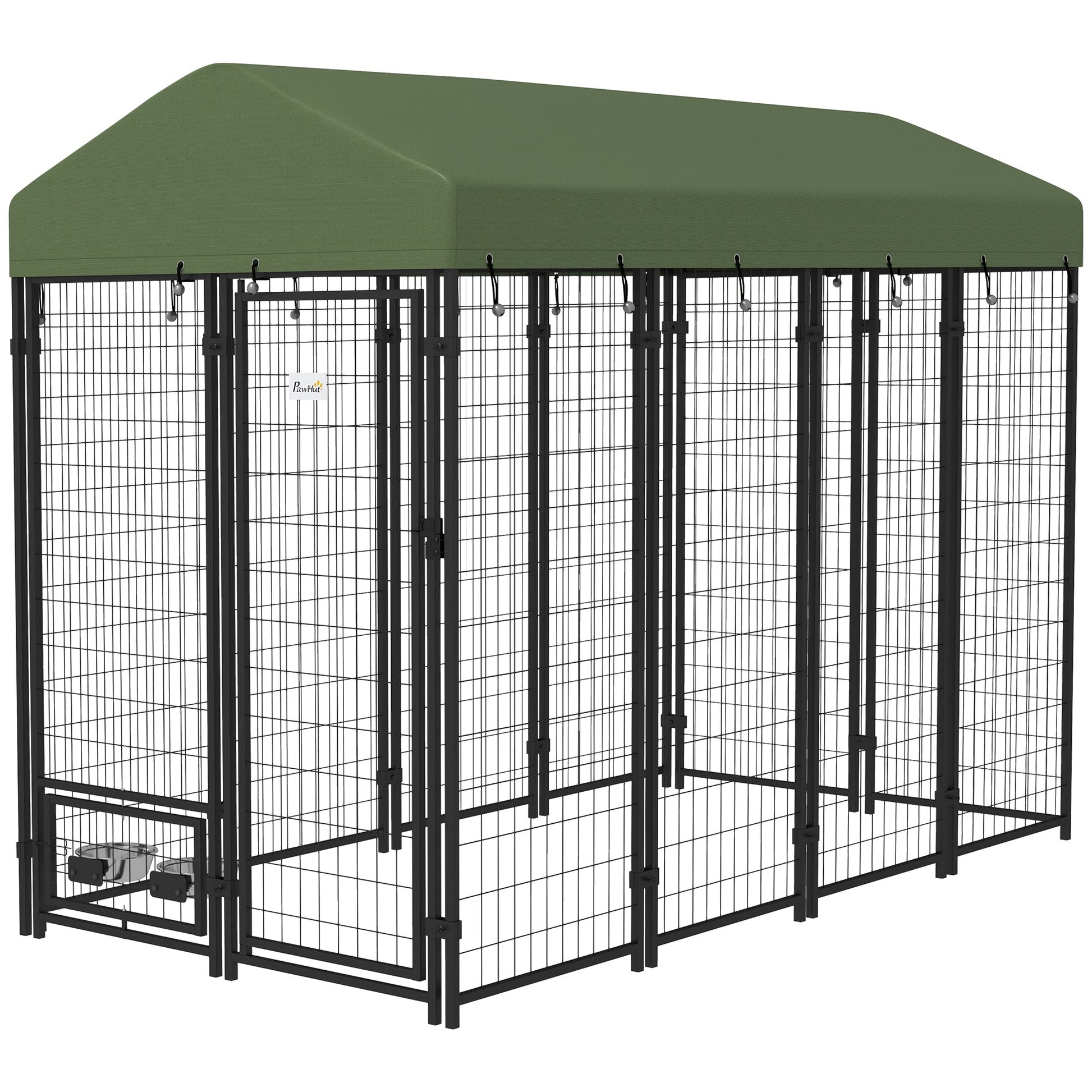 KFX-2674365 Spacious Outdoor Dog Kennel with Rotating Bowl Holders and Waterproof Cover, 8' x 4' x 6', Green