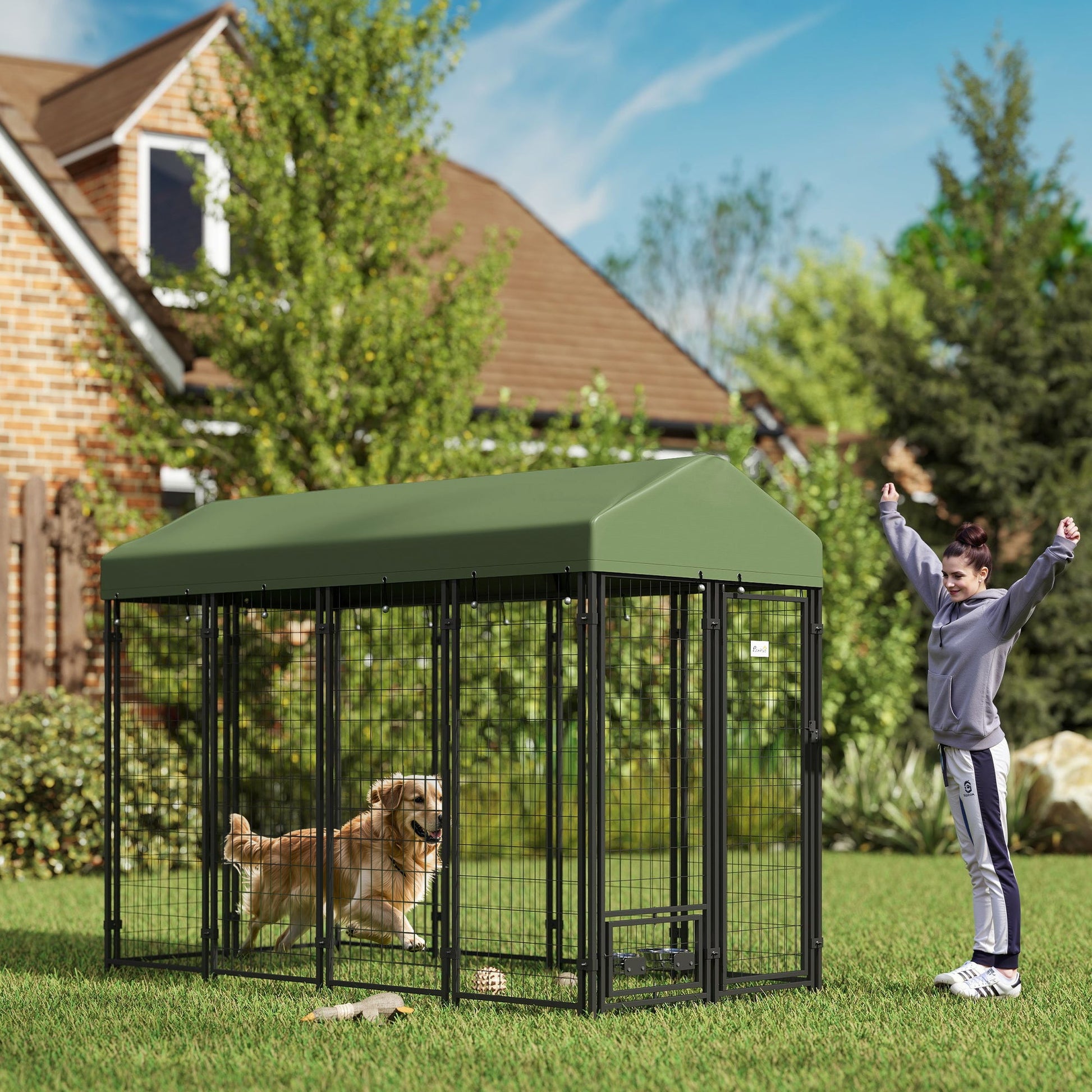 KFX-2674365 Spacious Outdoor Dog Kennel with Rotating Bowl Holders and Waterproof Cover, 8' x 4' x 6', Green