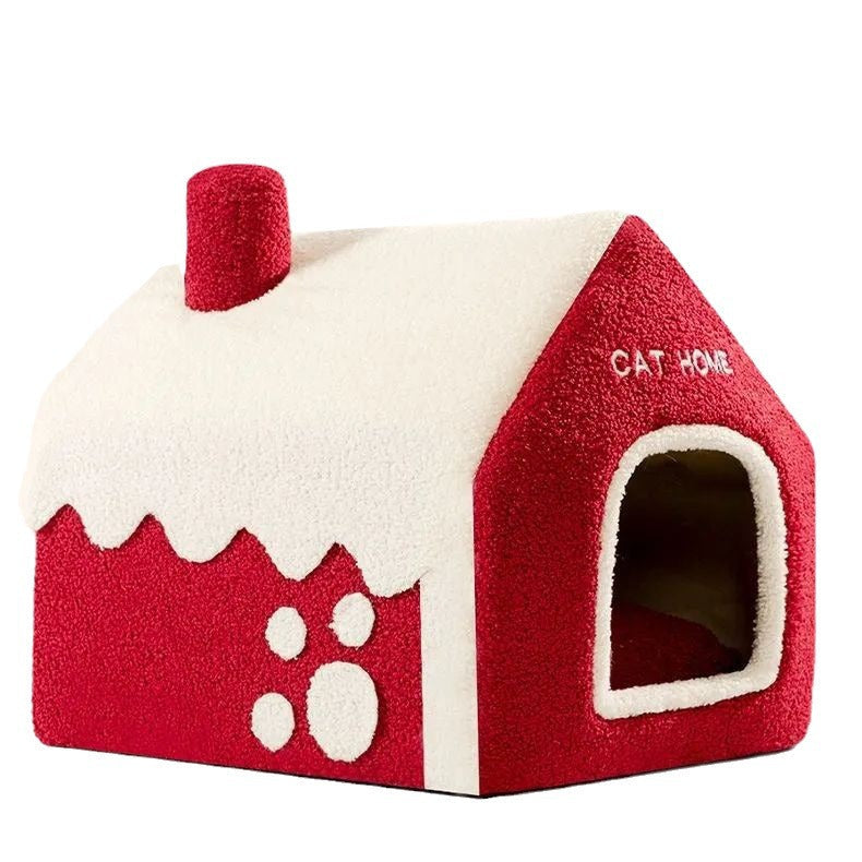 KFX-2674749 Cozy Red Enclosed Pet Bed Villa with Chimney for Cats - Winter Warmth