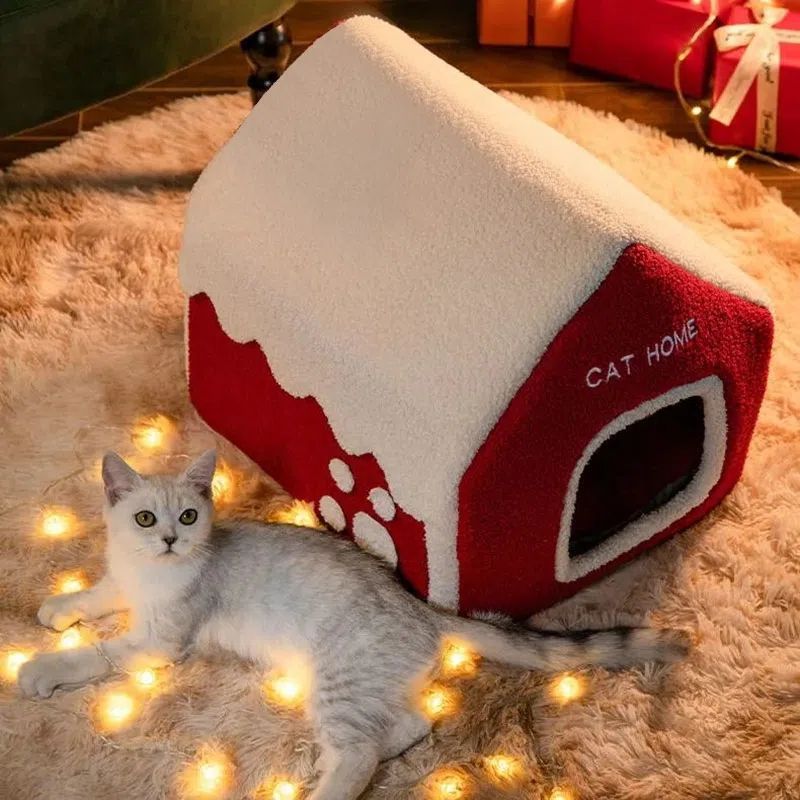 KFX-2674749 Cozy Red Enclosed Pet Bed Villa with Chimney for Cats - Winter Warmth