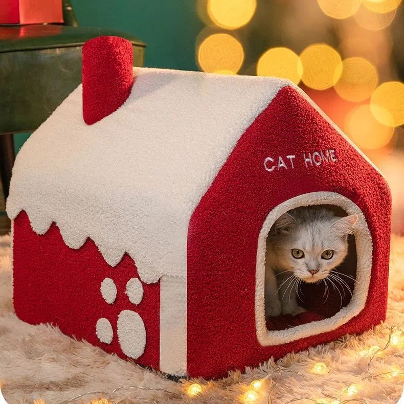 KFX-2674749 Cozy Red Enclosed Pet Bed Villa with Chimney for Cats - Winter Warmth