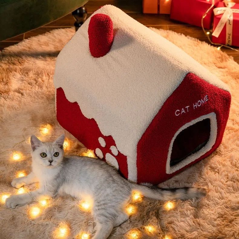 KFX-2674749 Cozy Red Enclosed Pet Bed Villa with Chimney for Cats - Winter Warmth