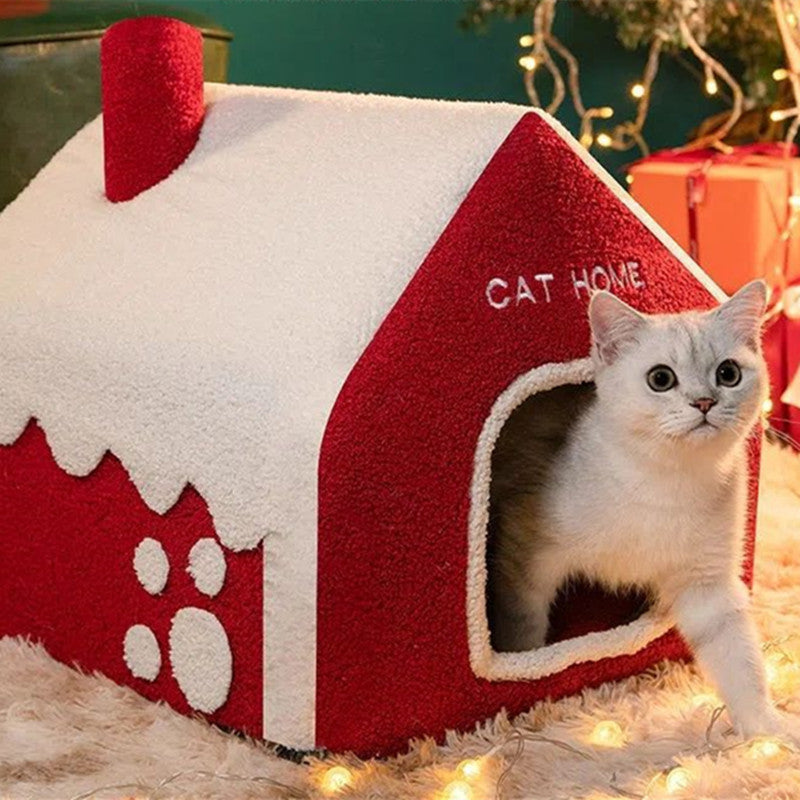 KFX-2674749 Cozy Red Enclosed Pet Bed Villa with Chimney for Cats - Winter Warmth