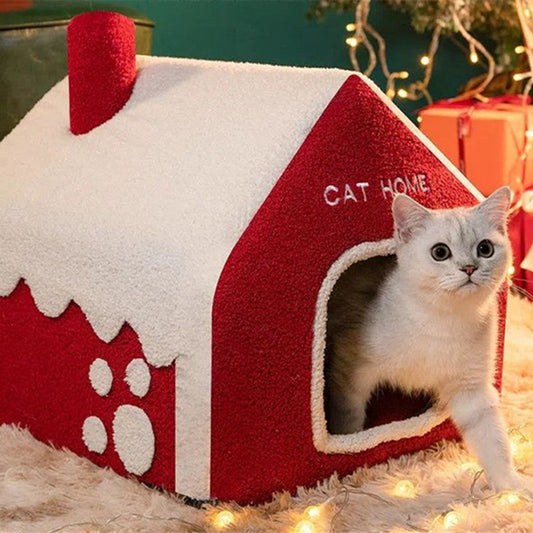 KFX-2674749 Cozy Red Enclosed Pet Bed Villa with Chimney for Cats - Winter Warmth