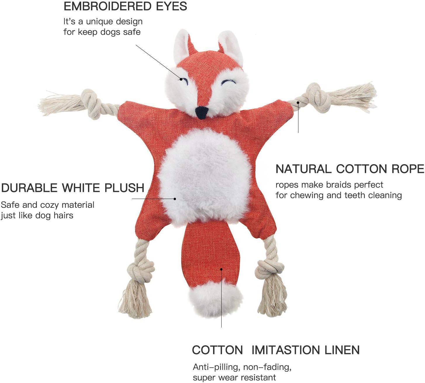 KFX-2677949 Stuffed Fox Dog Toy with Squeaker and Crinkle Noise for Engaging Play, Durable Plush Chew Toy with Rope for Puppies and Small Dogs