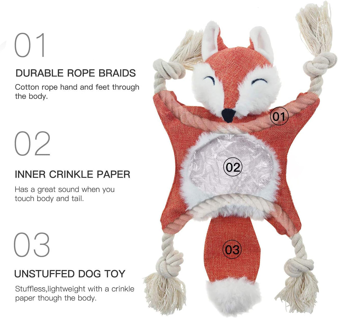KFX-2677949 Stuffed Fox Dog Toy with Squeaker and Crinkle Noise for Engaging Play, Durable Plush Chew Toy with Rope for Puppies and Small Dogs