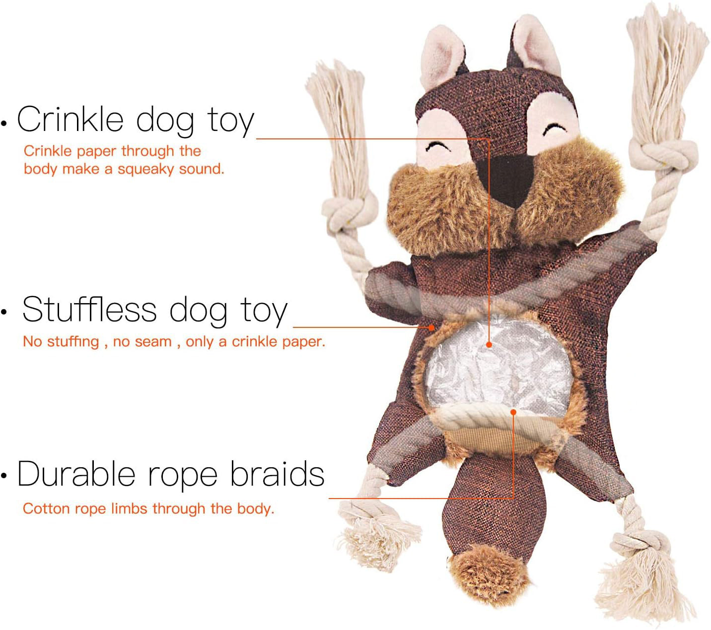 KFX-2677949 Stuffed Fox Dog Toy with Squeaker and Crinkle Noise for Engaging Play, Durable Plush Chew Toy with Rope for Puppies and Small Dogs