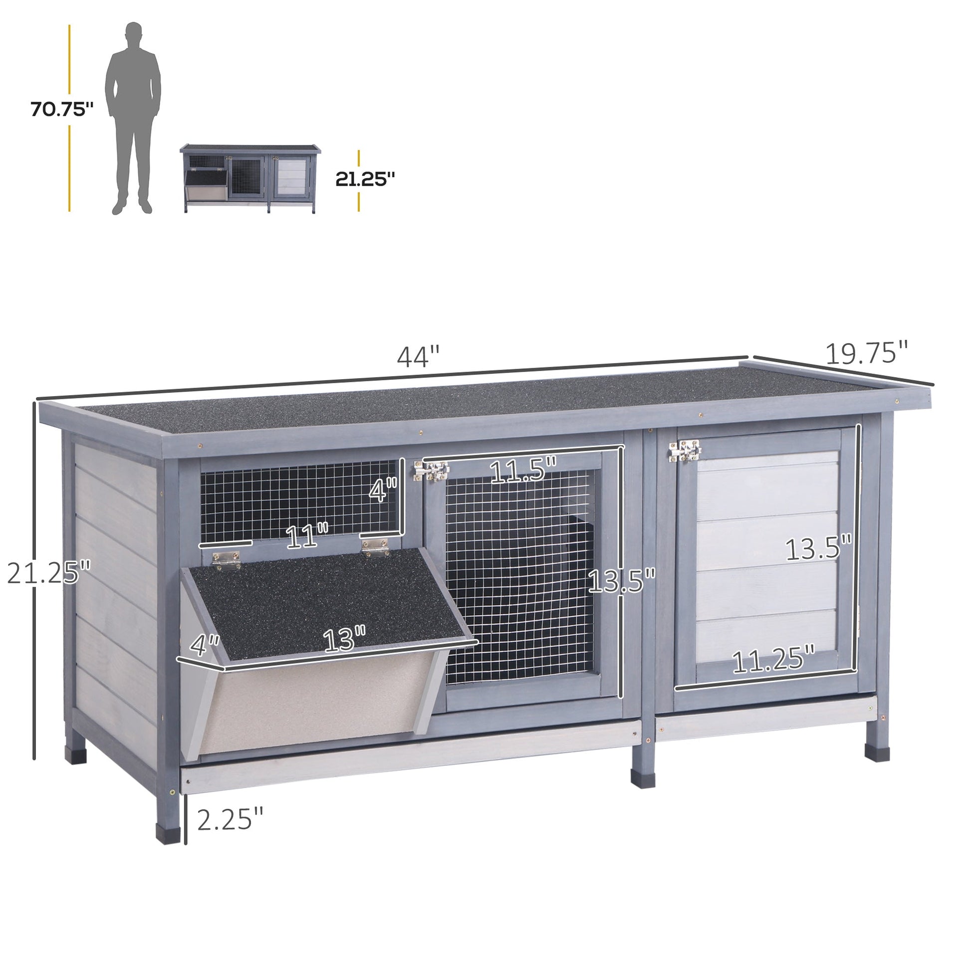 KFX-2680125 Wooden Rabbit Hutch with Waterproof Roof, Leak-proof Tray and Feeding Trough for Indoor/Outdoor Use, Gray