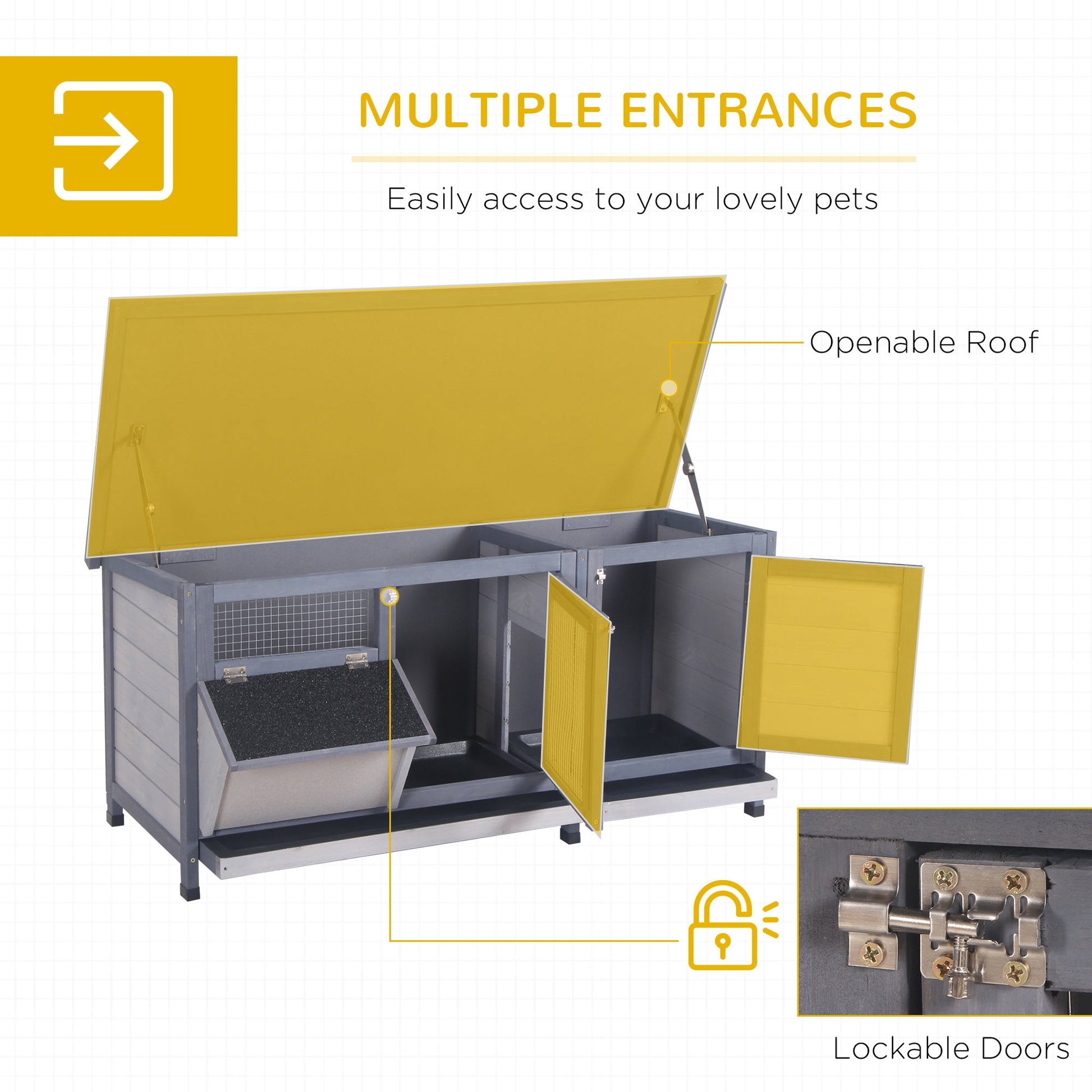KFX-2680125 Wooden Rabbit Hutch with Waterproof Roof, Leak-proof Tray and Feeding Trough for Indoor/Outdoor Use, Gray