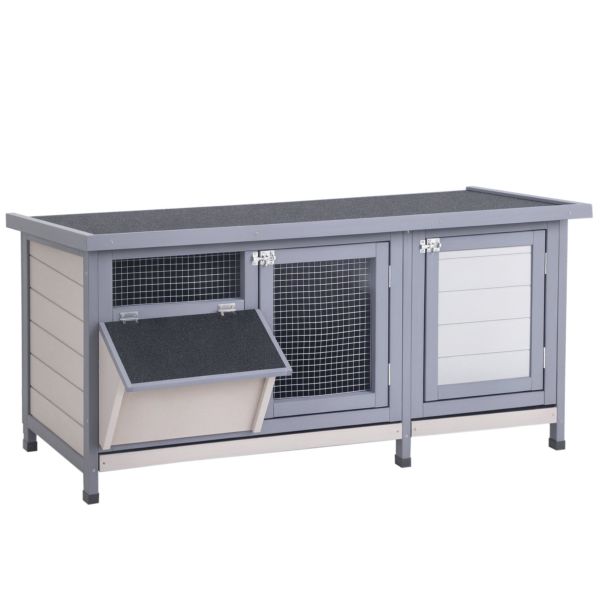 KFX-2680125 Wooden Rabbit Hutch with Waterproof Roof, Leak-proof Tray and Feeding Trough for Indoor/Outdoor Use, Gray