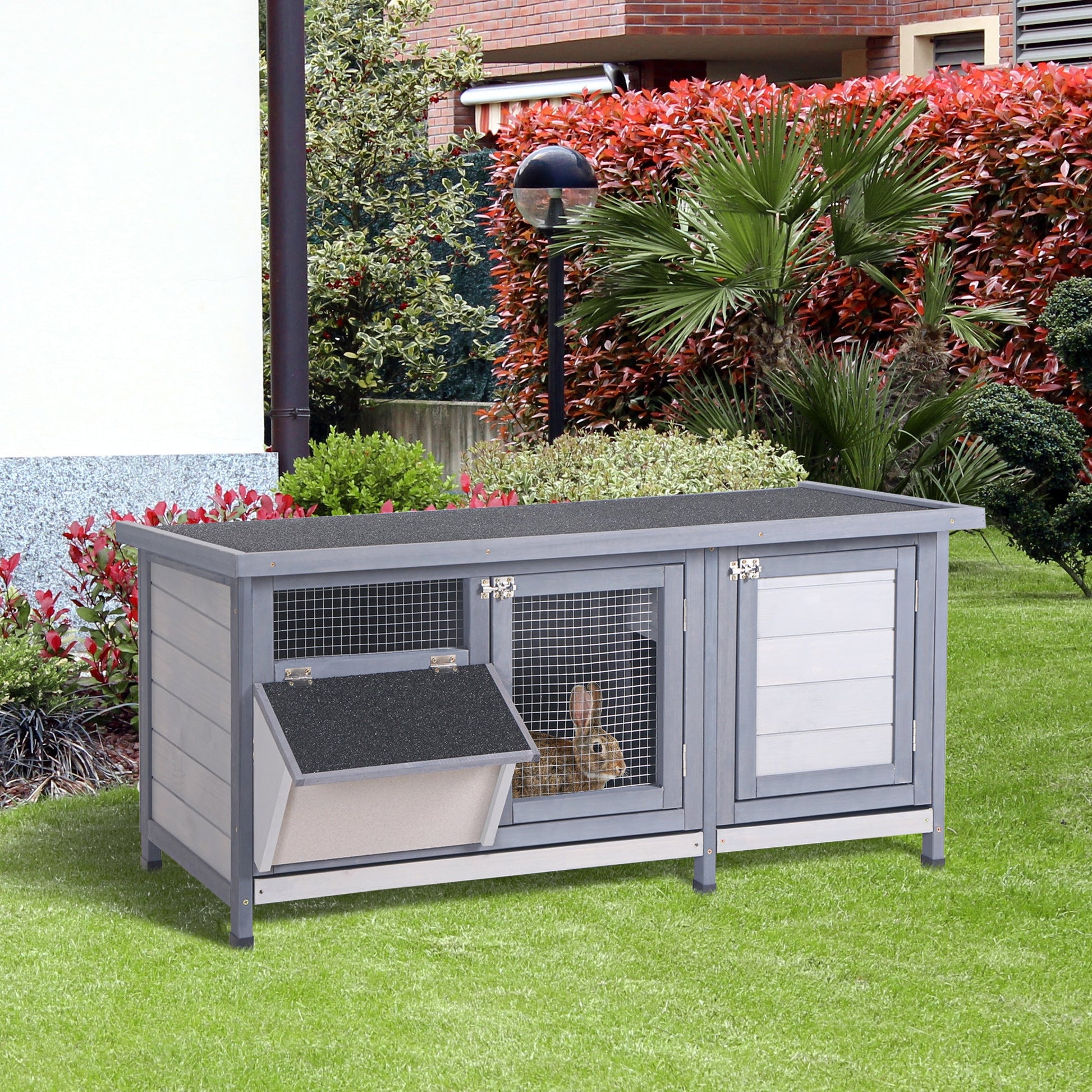 KFX-2680125 Wooden Rabbit Hutch with Waterproof Roof, Leak-proof Tray and Feeding Trough for Indoor/Outdoor Use, Gray