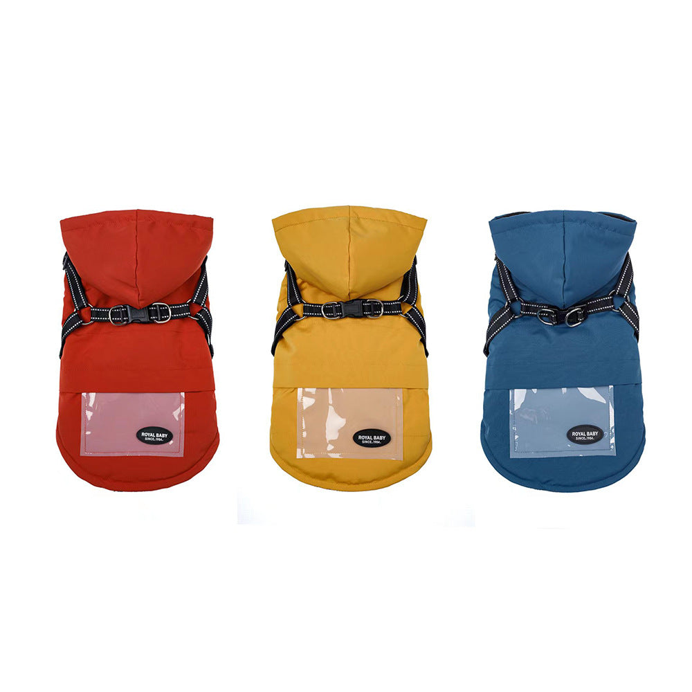 KFX-2684605 Dog Raincoat with Hat and Suspenders - Anti-Rain Apparel for Pets in Brick Red, Turmeric, Fog Blue