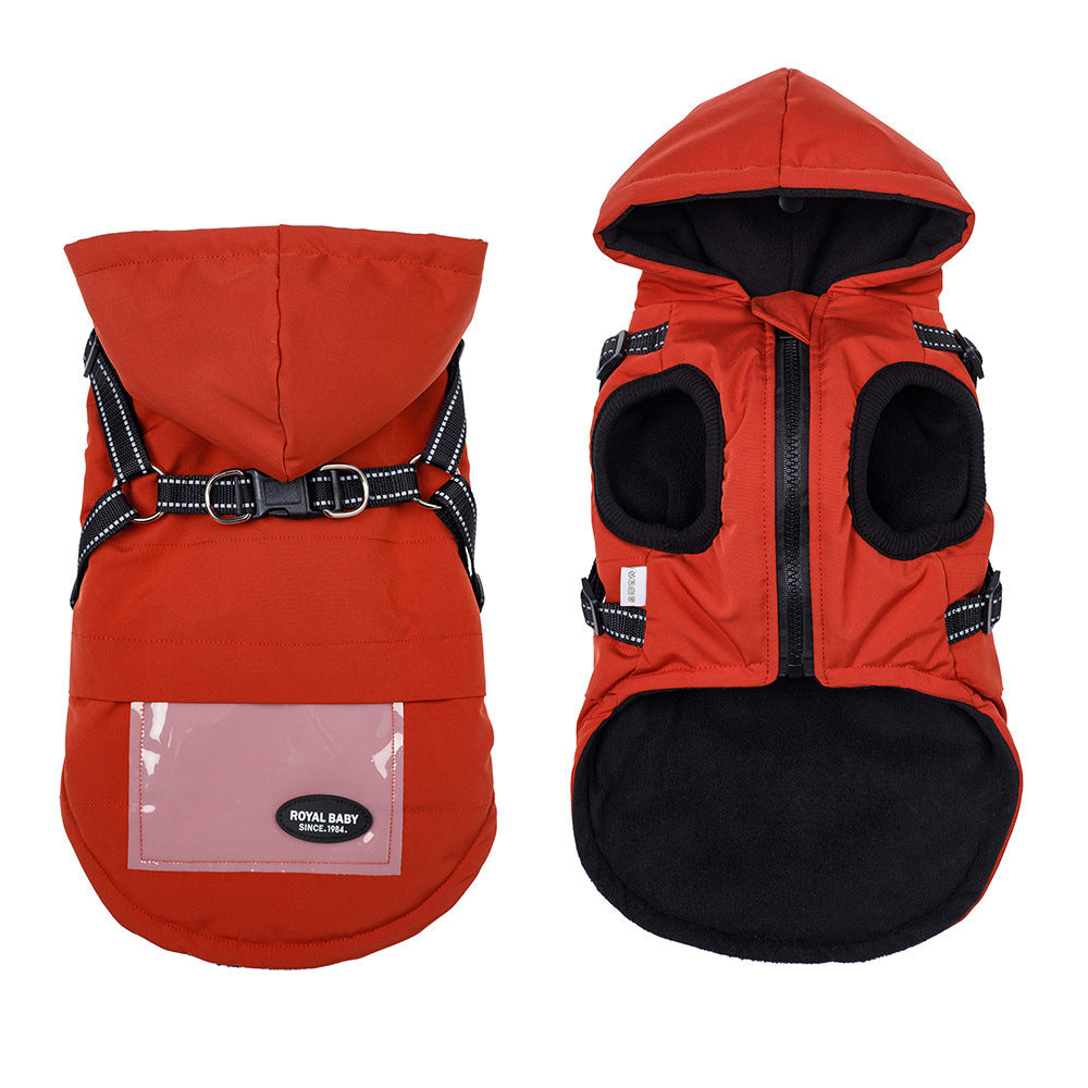 KFX-2684605 Dog Raincoat with Hat and Suspenders - Anti-Rain Apparel for Pets in Brick Red, Turmeric, Fog Blue