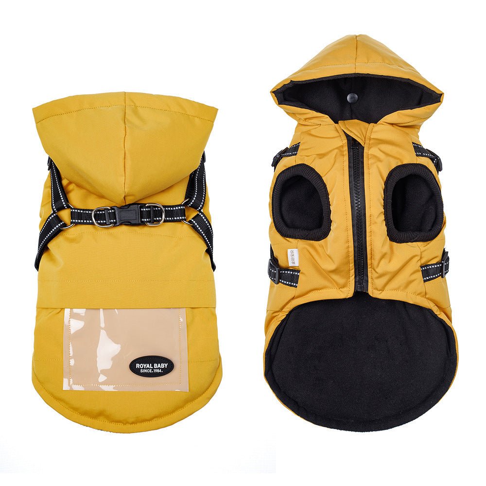 KFX-2684605 Dog Raincoat with Hat and Suspenders - Anti-Rain Apparel for Pets in Brick Red, Turmeric, Fog Blue