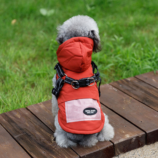 KFX-2684605 Dog Raincoat with Hat and Suspenders - Anti-Rain Apparel for Pets in Brick Red, Turmeric, Fog Blue