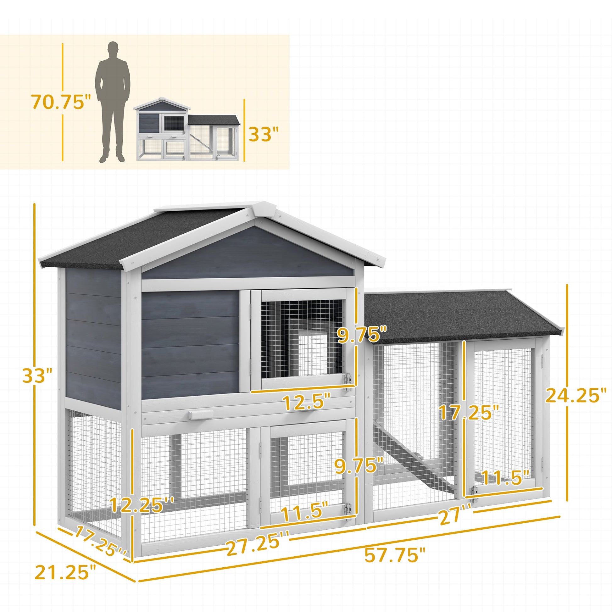 KFX-2685885 58" Gray Wooden Rabbit Hutch with Removable Tray and Lockable Doors, Asphalt Roof and Ramp