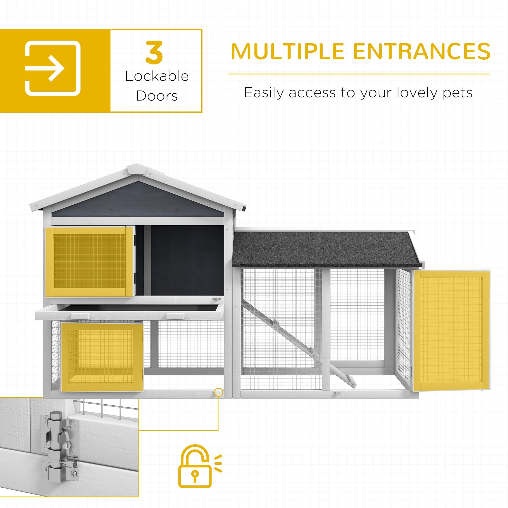 KFX-2685885 58" Gray Wooden Rabbit Hutch with Removable Tray and Lockable Doors, Asphalt Roof and Ramp