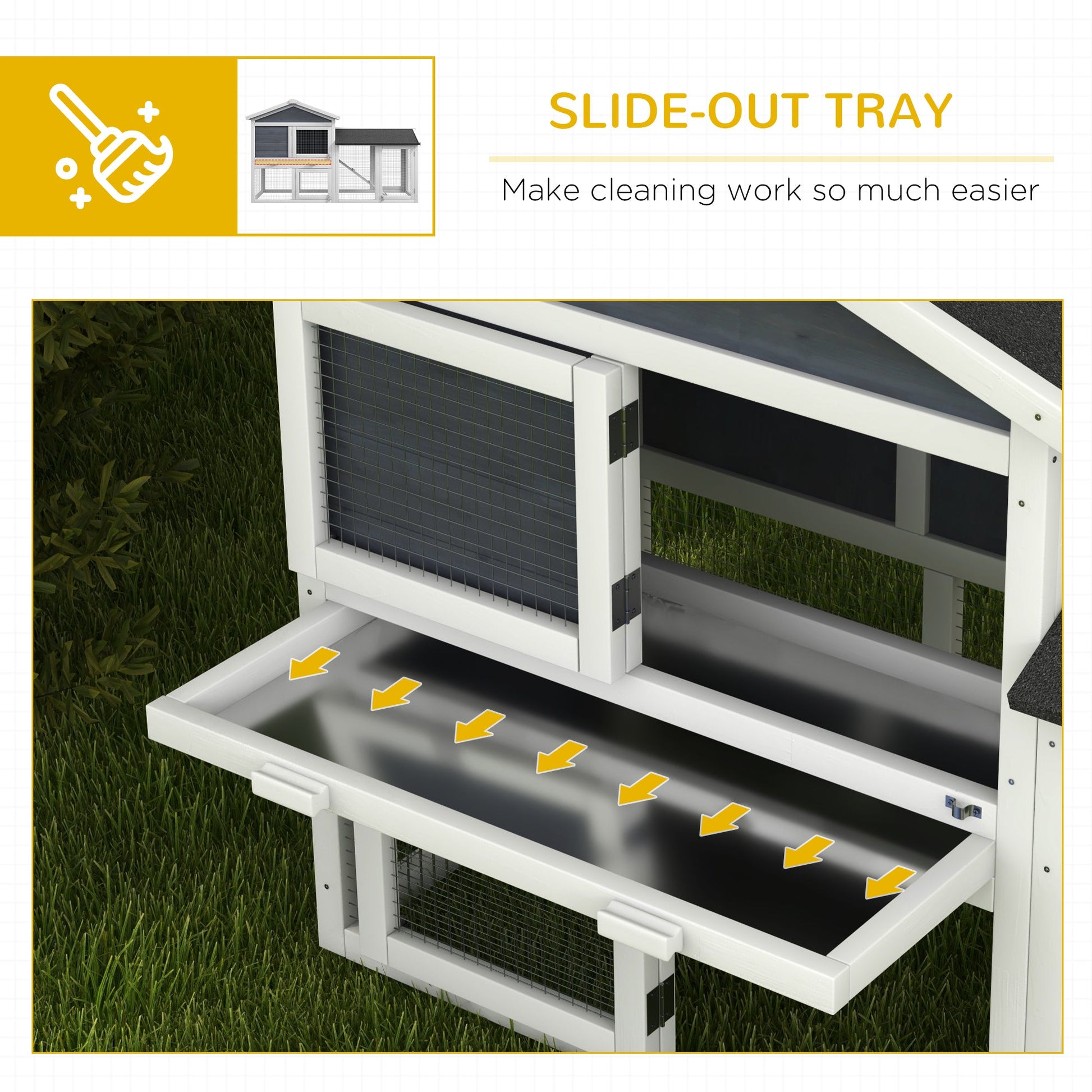KFX-2685885 58" Gray Wooden Rabbit Hutch with Removable Tray and Lockable Doors, Asphalt Roof and Ramp