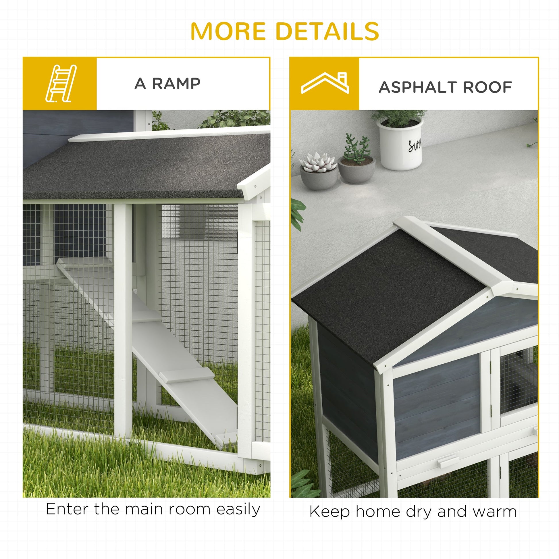 KFX-2685885 58" Gray Wooden Rabbit Hutch with Removable Tray and Lockable Doors, Asphalt Roof and Ramp
