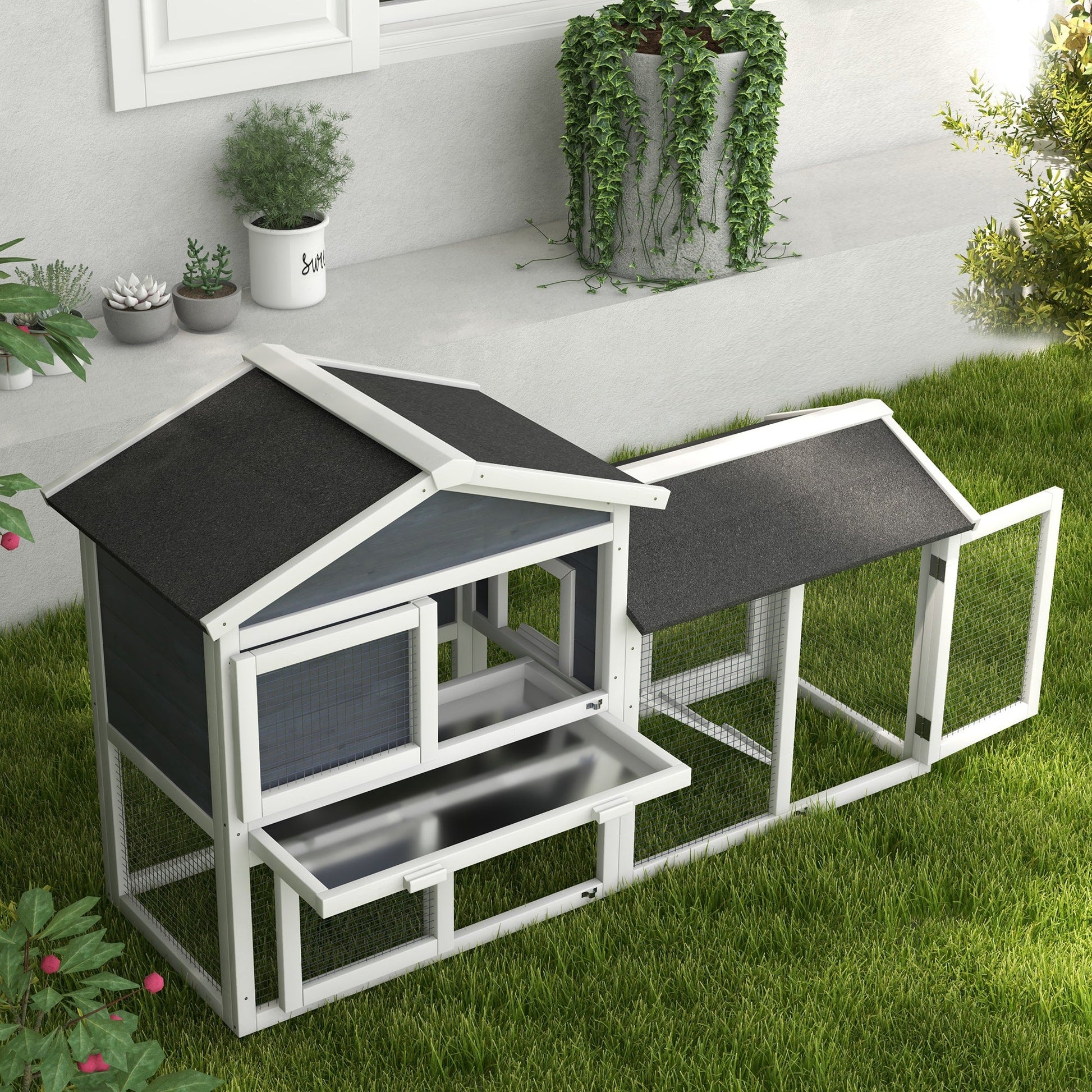 KFX-2685885 58" Gray Wooden Rabbit Hutch with Removable Tray and Lockable Doors, Asphalt Roof and Ramp