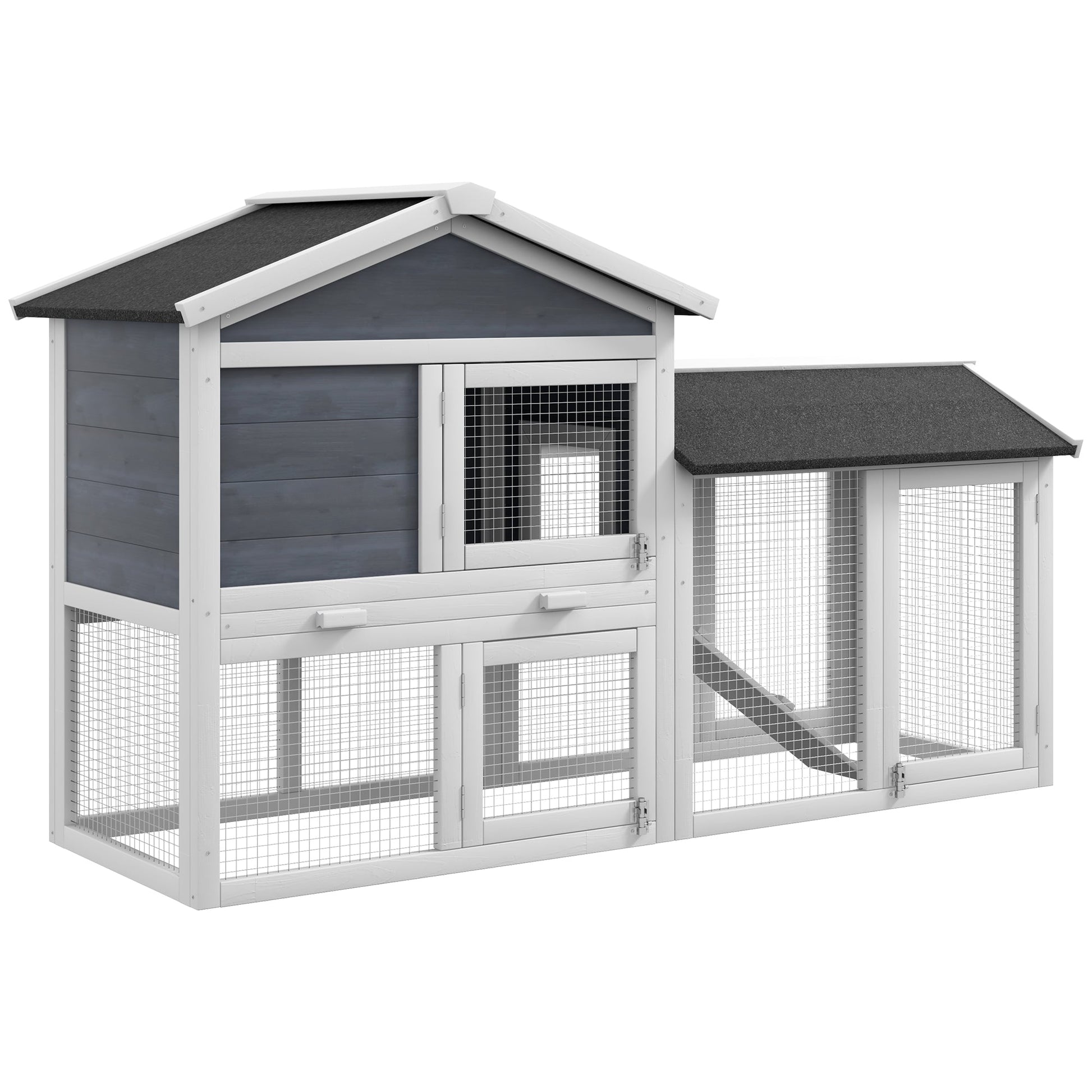 KFX-2685885 58" Gray Wooden Rabbit Hutch with Removable Tray and Lockable Doors, Asphalt Roof and Ramp