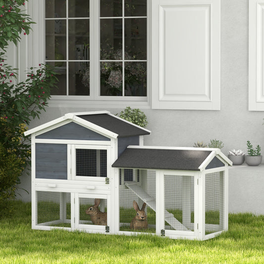 KFX-2685885 58" Gray Wooden Rabbit Hutch with Removable Tray and Lockable Doors, Asphalt Roof and Ramp