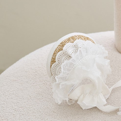 KFX-2688573 Adjustable French Straw Sun Hat for Pets with Elegant Lace and Flower Designs