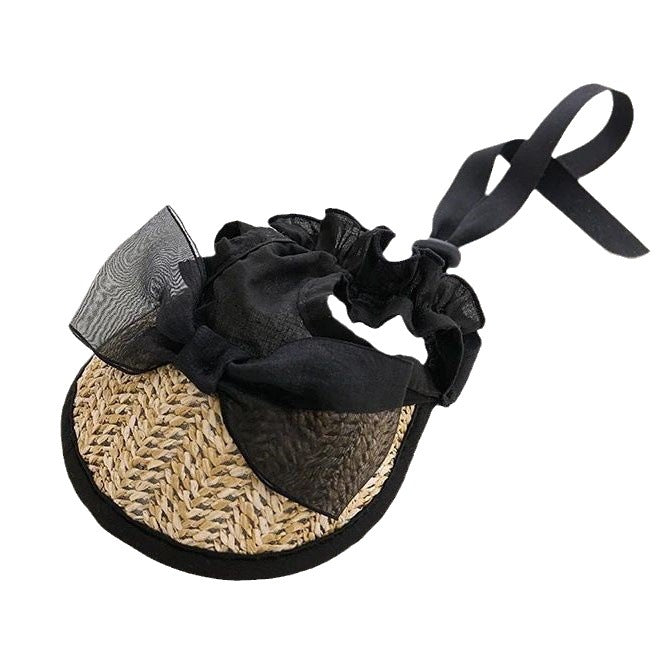 KFX-2688573 Adjustable French Straw Sun Hat for Pets with Elegant Lace and Flower Designs
