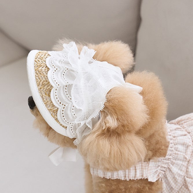 KFX-2688573 Adjustable French Straw Sun Hat for Pets with Elegant Lace and Flower Designs