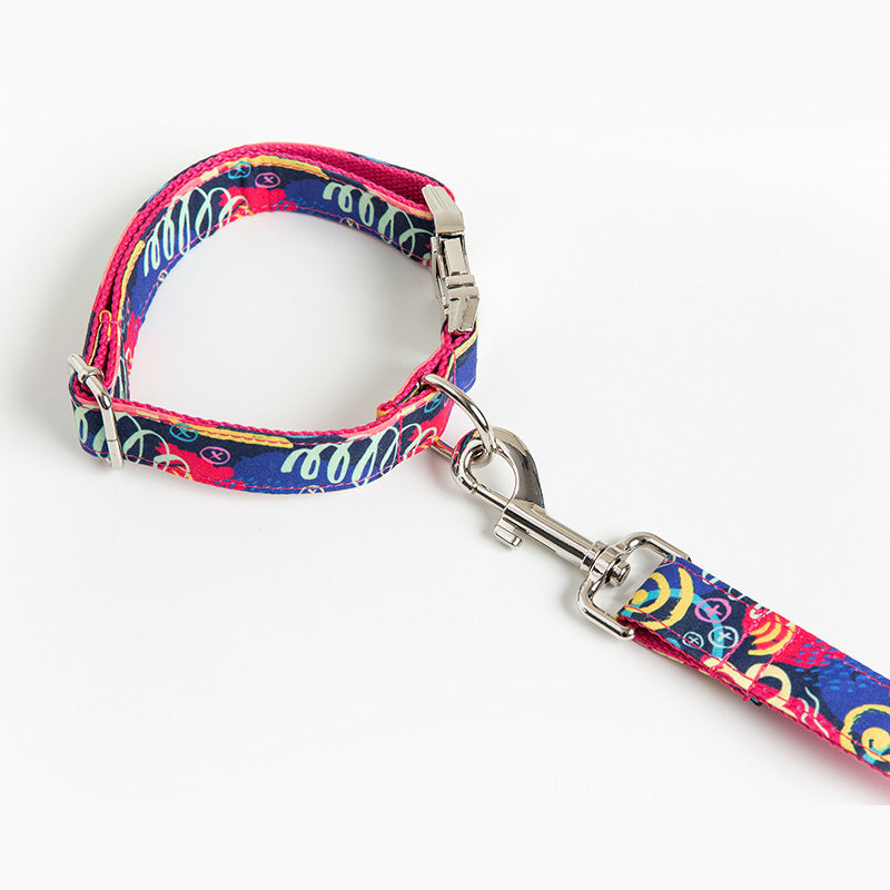 KFX-2691773 Red Graffiti Pet Collar and Traction Rope Set with Adjustable Metal Buckle