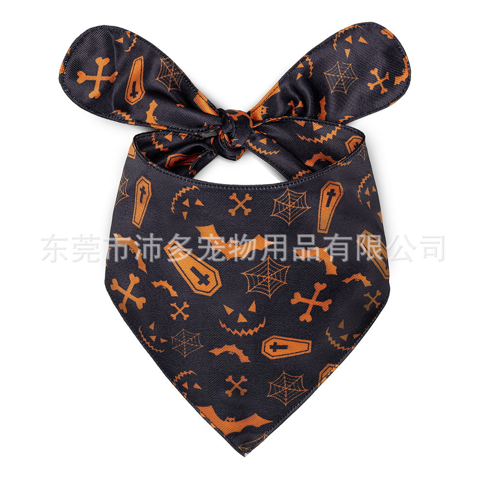 KFX-2695357 Halloween Triangle Dog Saliva Towel - Double Layer Polyester with Bat, Skull, and Pumpkin Designs