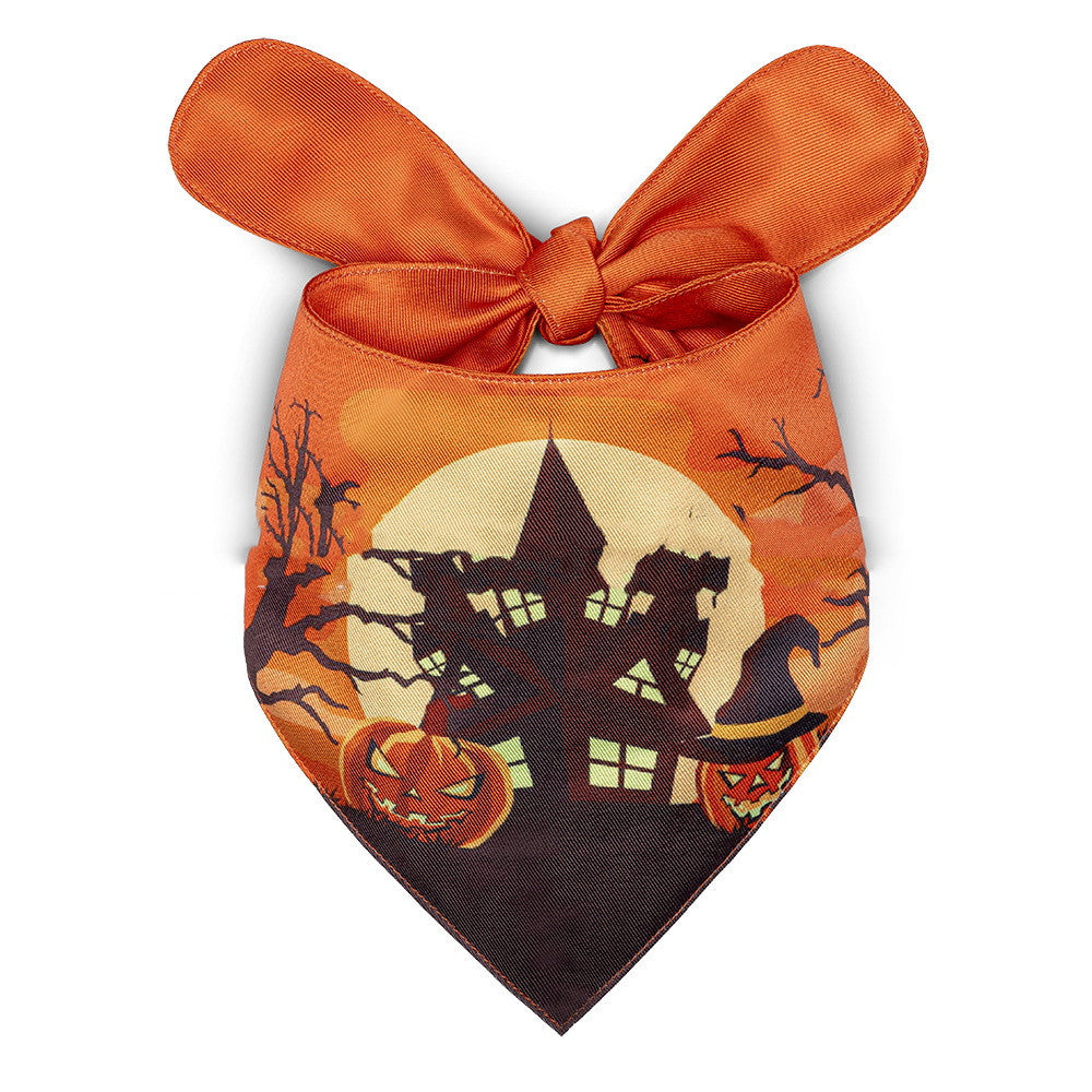 KFX-2695357 Halloween Triangle Dog Saliva Towel - Double Layer Polyester with Bat, Skull, and Pumpkin Designs