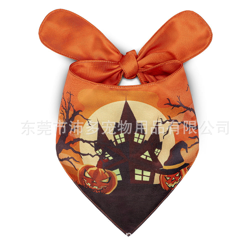 KFX-2695357 Halloween Triangle Dog Saliva Towel - Double Layer Polyester with Bat, Skull, and Pumpkin Designs