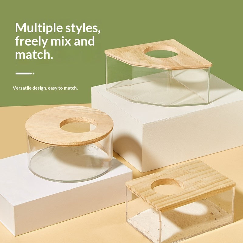 KFX-2699197 Transparent Hamster Bathroom Sandbox with Solid Wood Cover – Multi-Sized Options for Your Pet's Comfort
