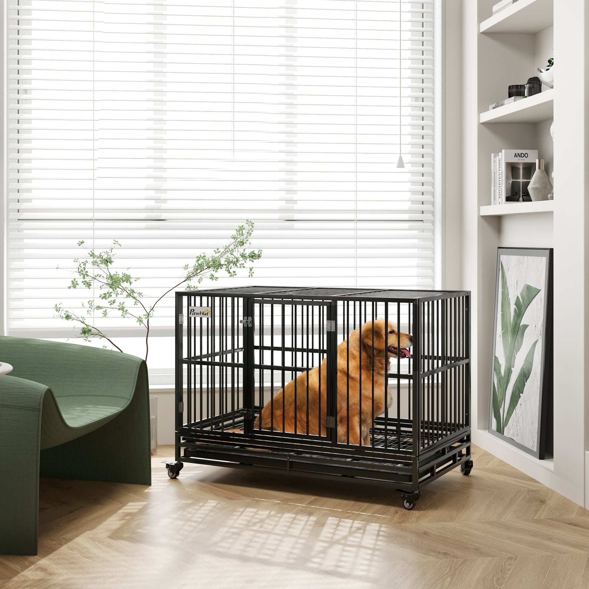KFX-2707133 Heavy Duty 48" Metal Dog Crate Kennel with Lockable Wheels and Double Doors, Gray
