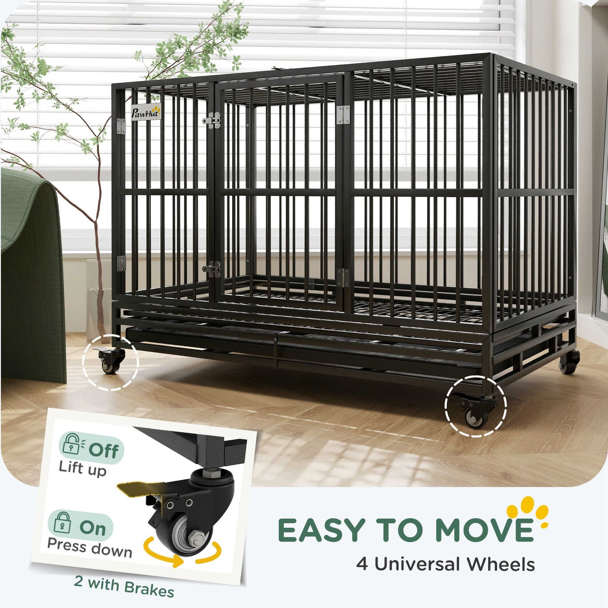 KFX-2707133 Heavy Duty 48" Metal Dog Crate Kennel with Lockable Wheels and Double Doors, Gray