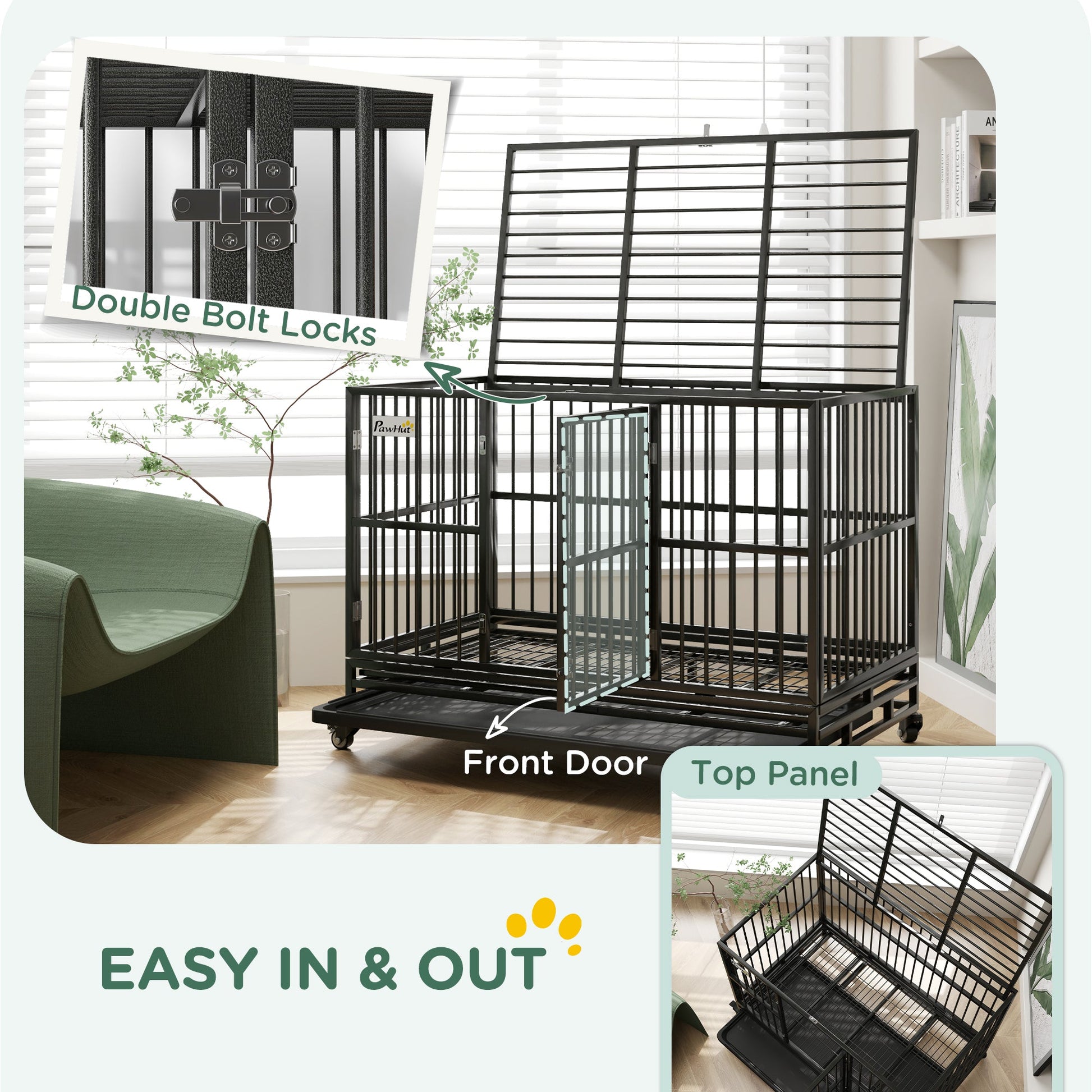 KFX-2707133 Heavy Duty 48" Metal Dog Crate Kennel with Lockable Wheels and Double Doors, Gray