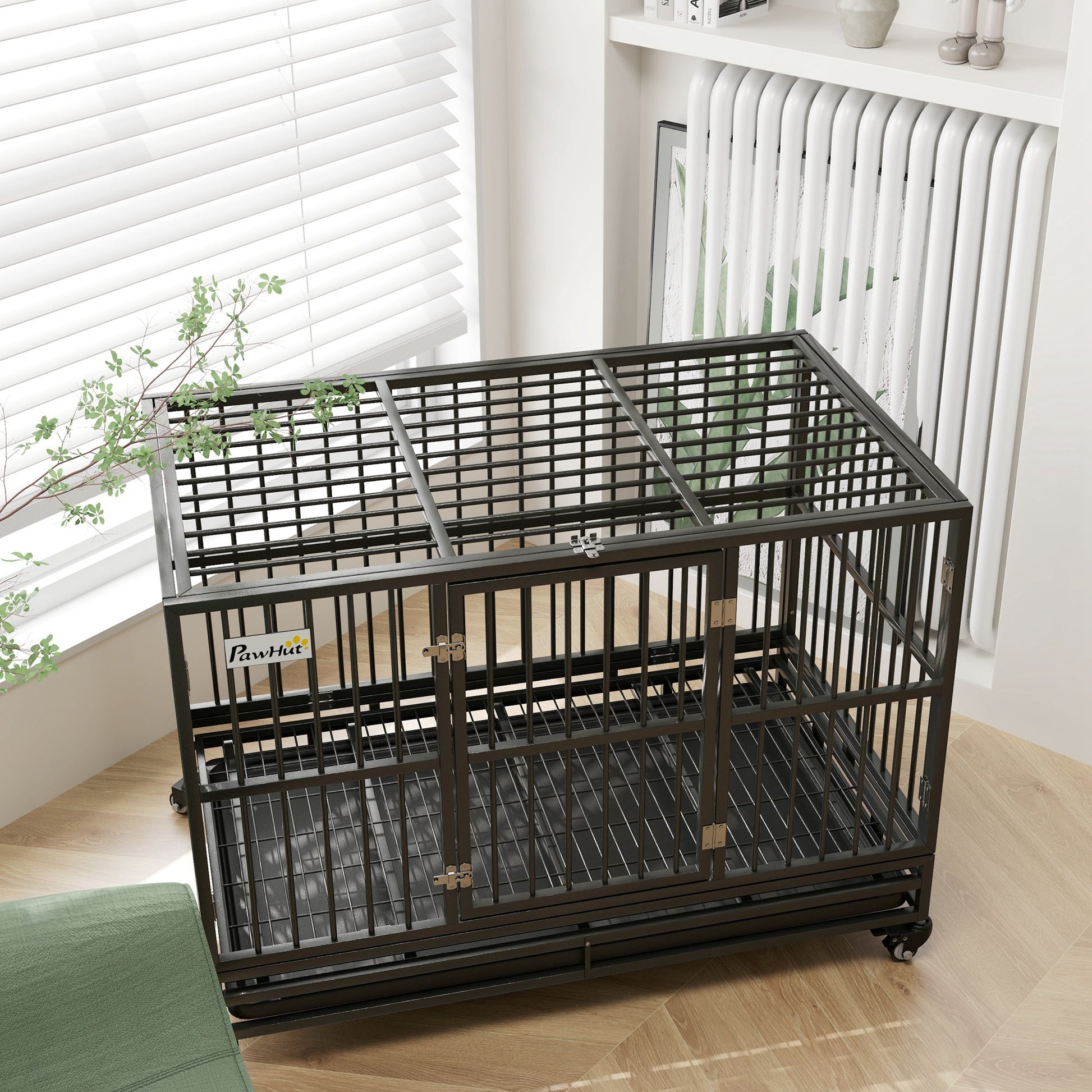 KFX-2707133 Heavy Duty 48" Metal Dog Crate Kennel with Lockable Wheels and Double Doors, Gray
