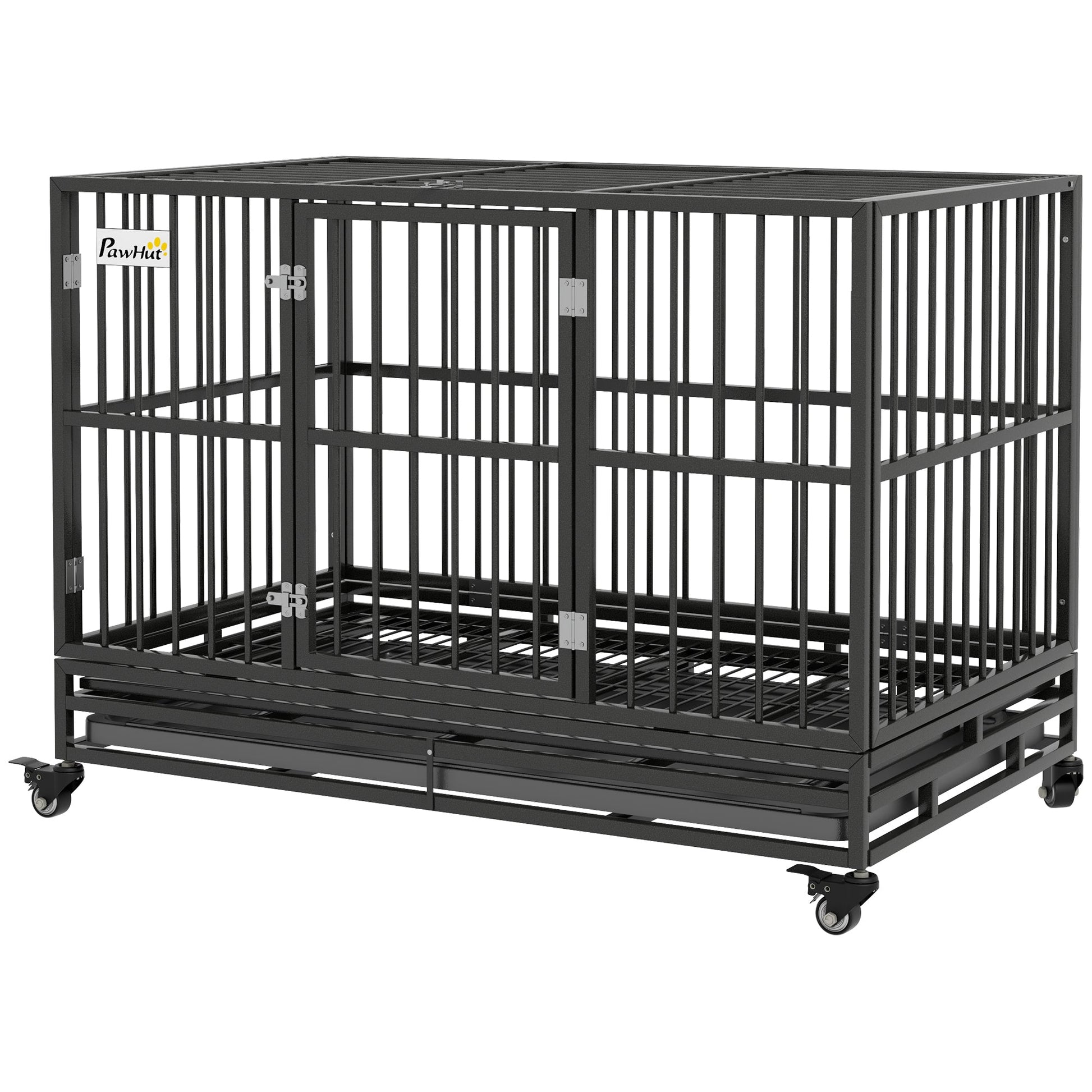 KFX-2707133 Heavy Duty 48" Metal Dog Crate Kennel with Lockable Wheels and Double Doors, Gray