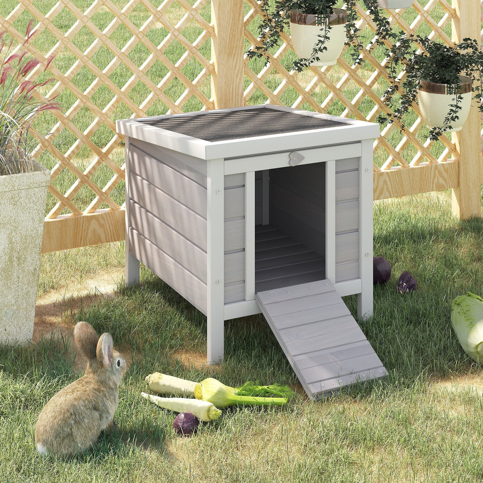KFX-2712893 Gray Wooden Rabbit Hutch with Openable Waterproof Roof for Small Pets and Animals