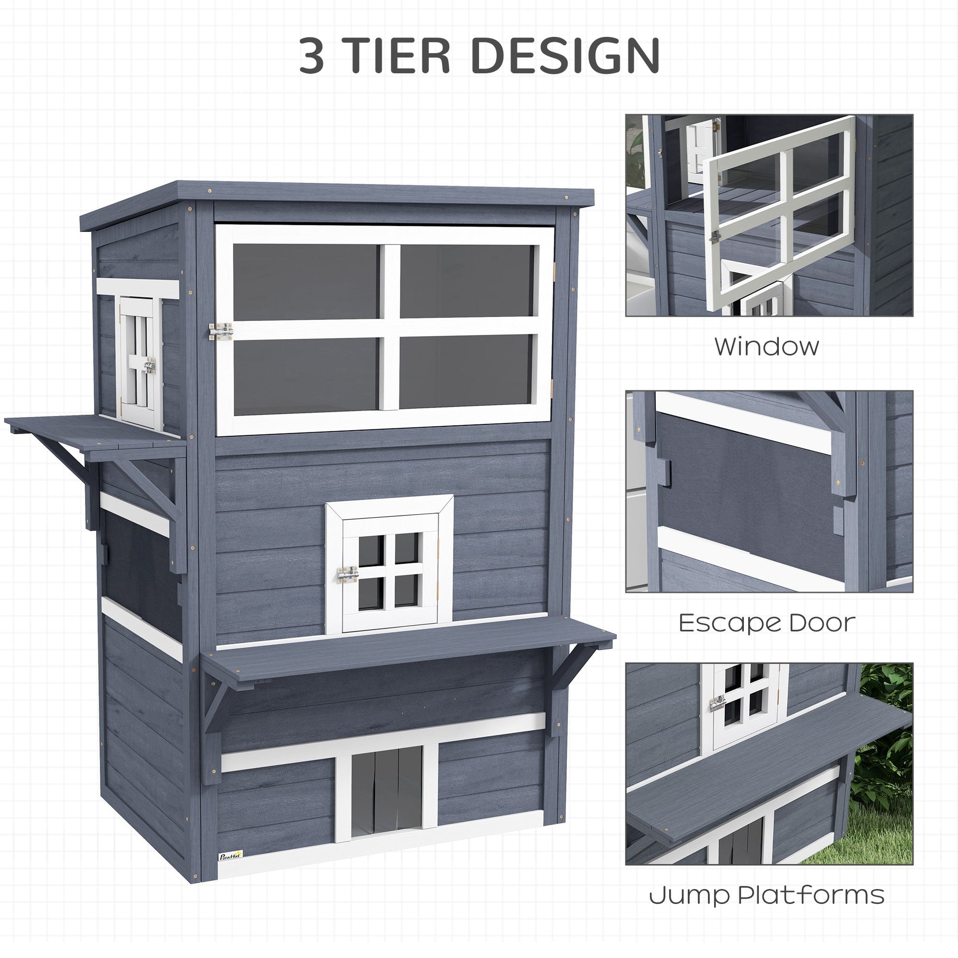KFX-2713277 Outdoor 3-Tier Cat Shelter with Escape Door, Weather-Resistant Fir Wood Design