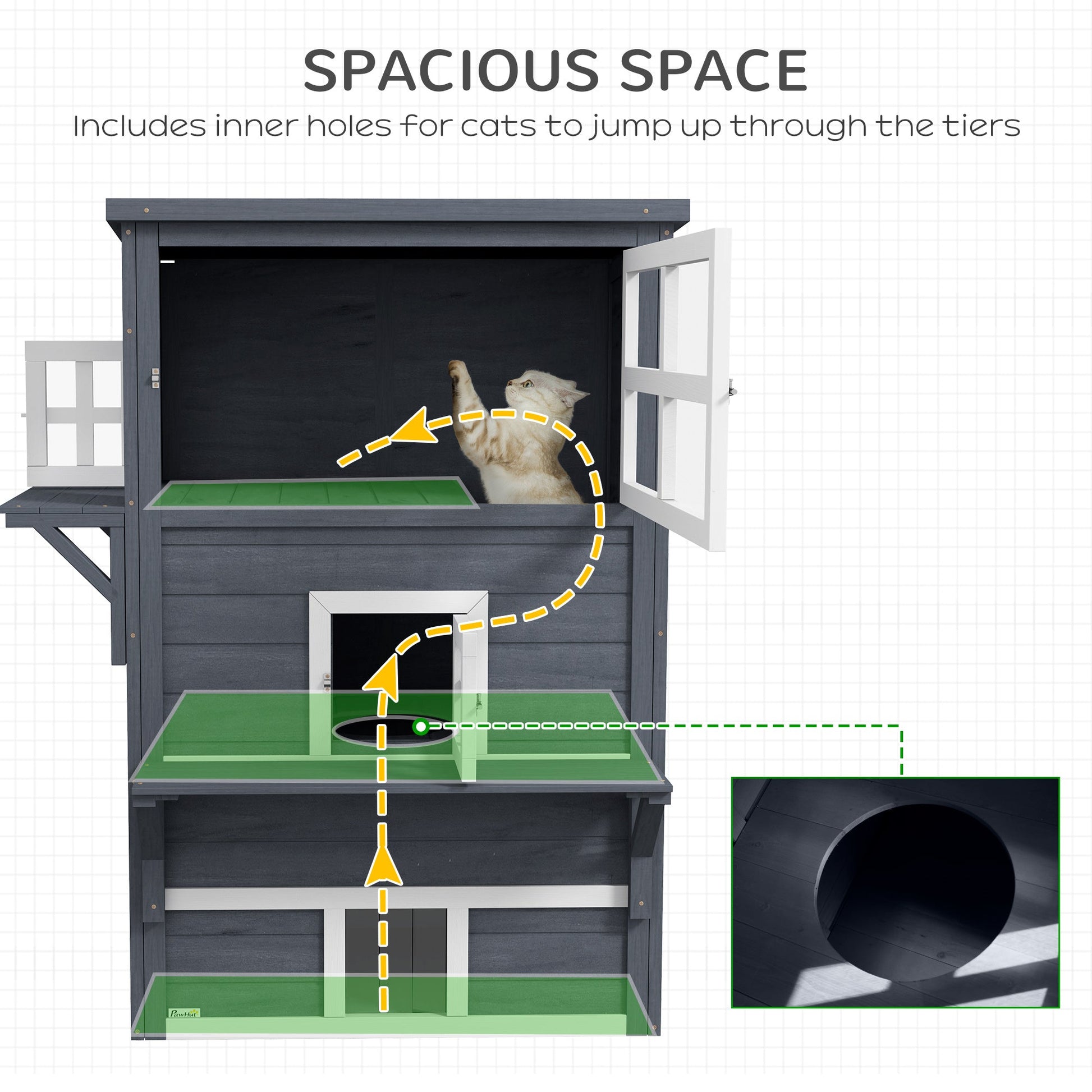 KFX-2713277 Outdoor 3-Tier Cat Shelter with Escape Door, Weather-Resistant Fir Wood Design