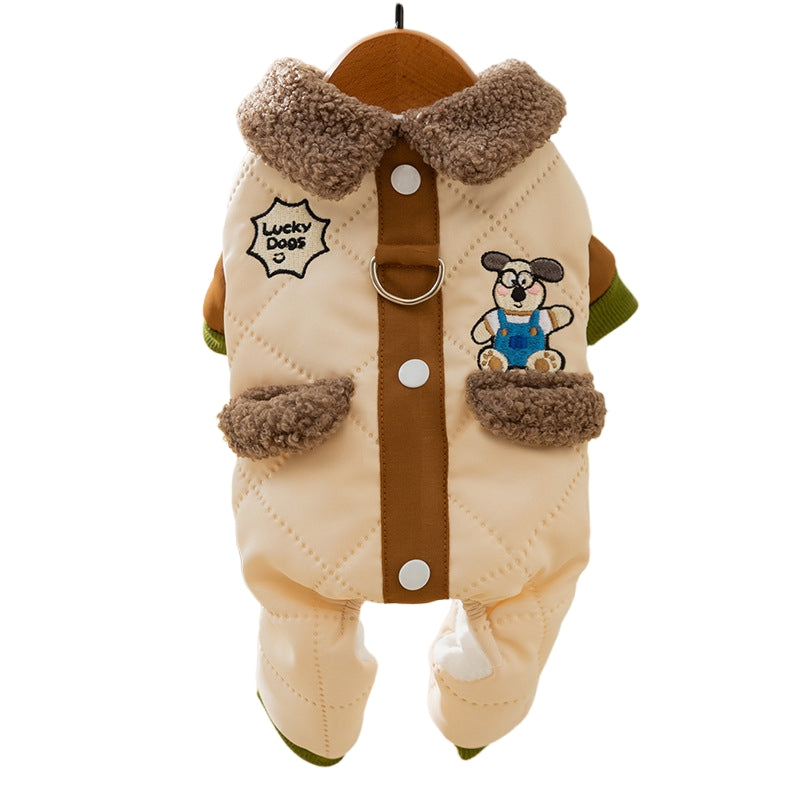 KFX-2713789 Cozy Quilted Cotton Dog Jumpsuit with Leash Ring and Pockets for Autumn and Winter