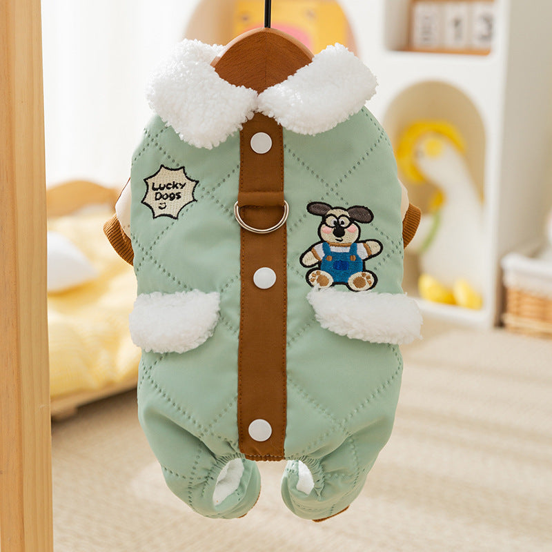 KFX-2713789 Cozy Quilted Cotton Dog Jumpsuit with Leash Ring and Pockets for Autumn and Winter