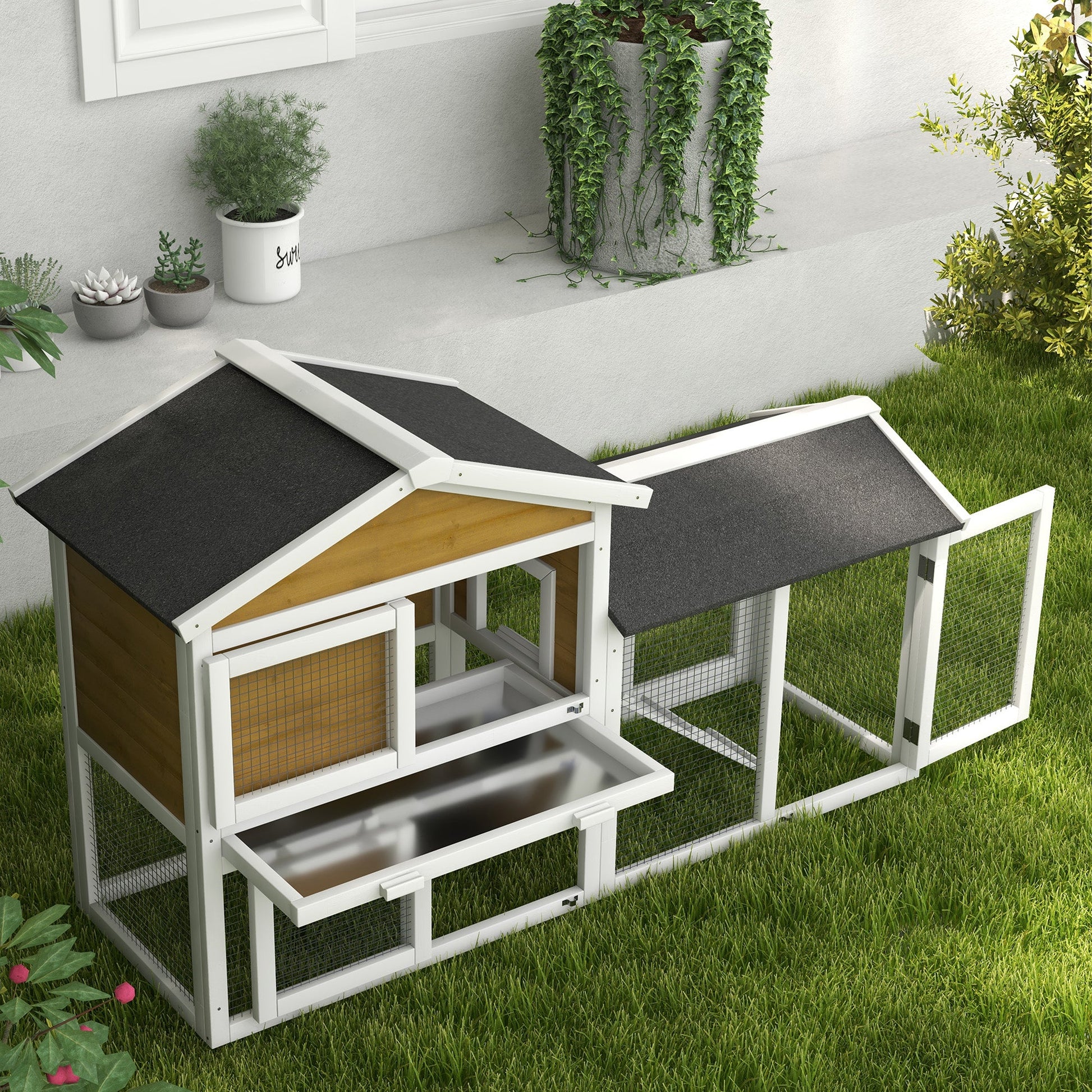 KFX-2718653 Wooden Rabbit Hutch with Run, Removable Tray, Asphalt Roof, Lockable Doors, and Ramp for 1-2 Rabbits