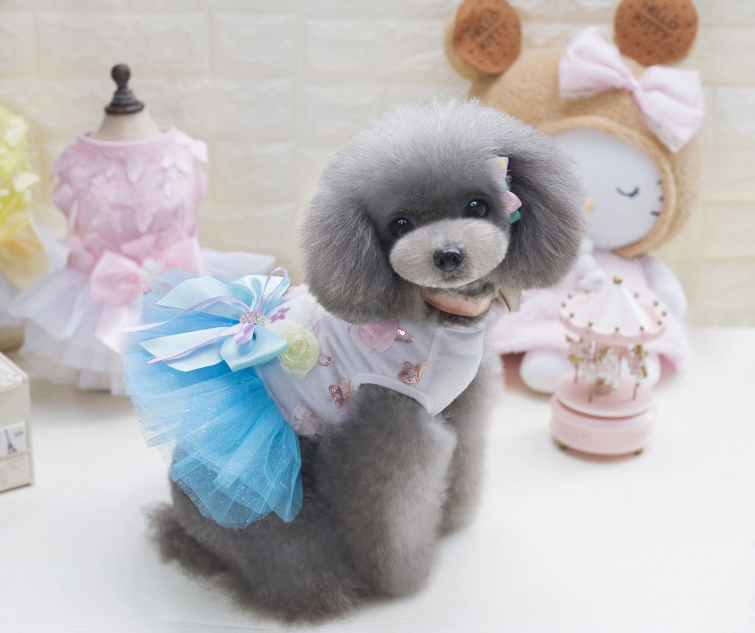 KFX-2719165 Teddy Dog Cotton Princess Skirt Dress in Blue, Green, Pink - Sizes XS to XL