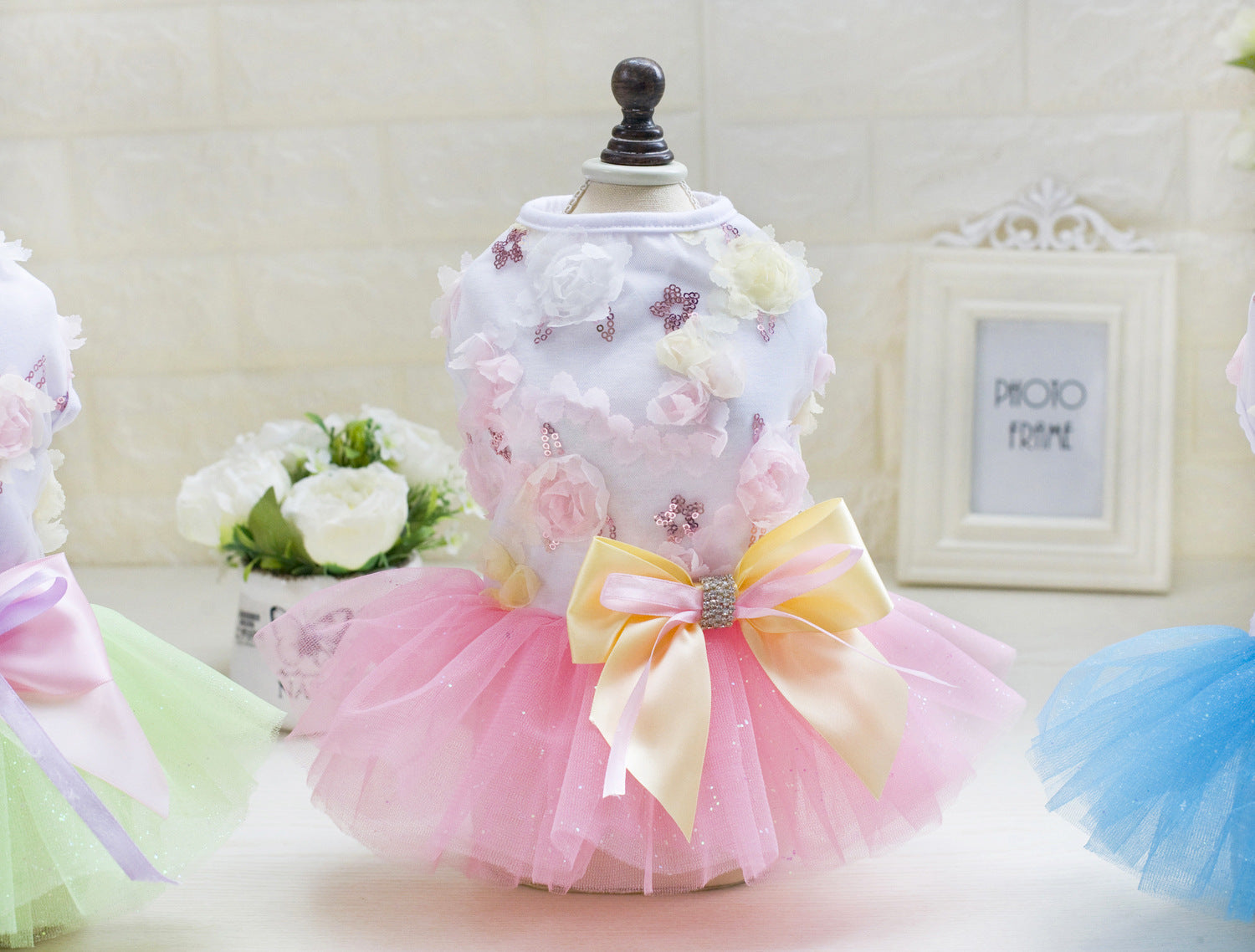 KFX-2719165 Teddy Dog Cotton Princess Skirt Dress in Blue, Green, Pink - Sizes XS to XL